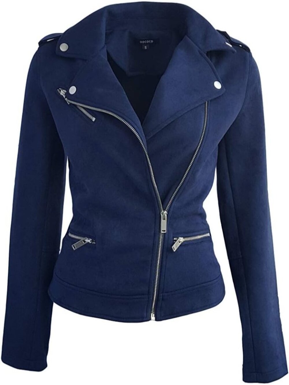 Women’s Navy Faux Suede Jacket Long Sleeve Zipper Casual Outerwear